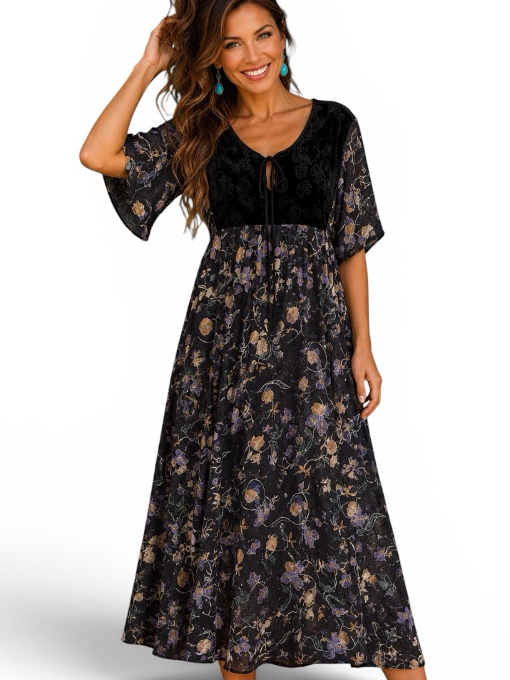 Johnny Was Jade Silk Black Velvet Floral Remy Yoke Midi Dress (Nwt)